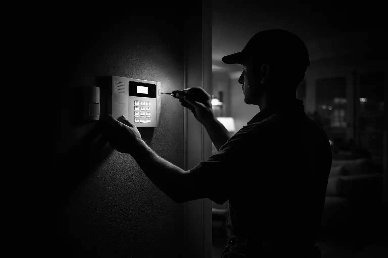 Un technicien qui installe un systèmed d'alarme